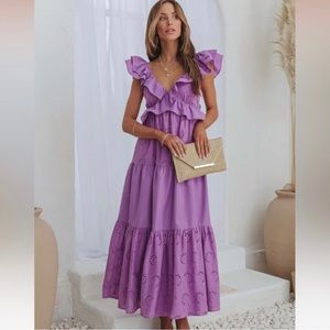 VICI Emelina Eyelet Tiered Ruffle Sleeve Maxi Dress